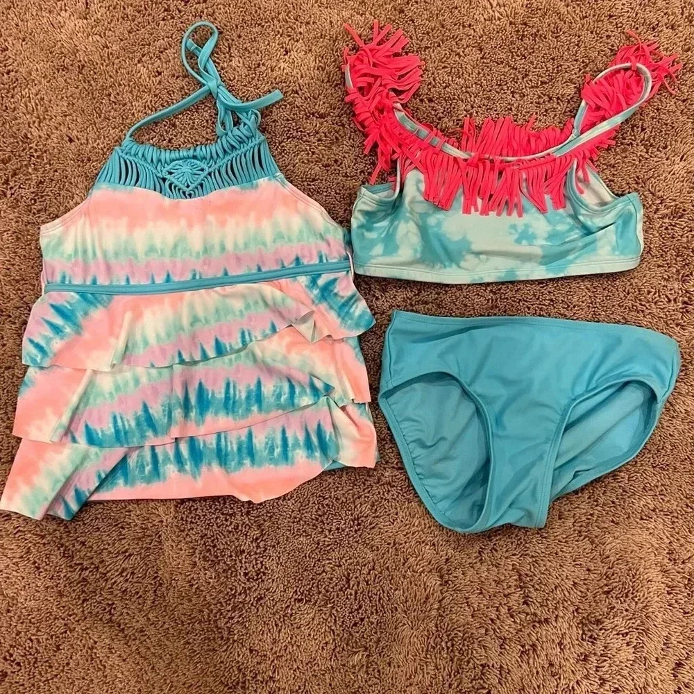 Justice girls large 12 swim set top bottom bikini tankini blue tie dye fringe